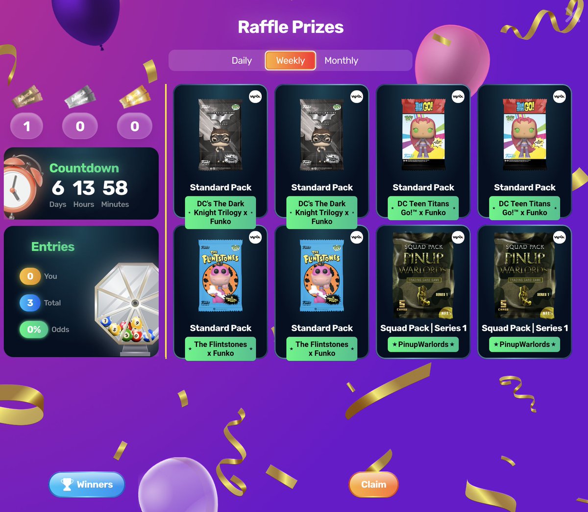 Funko Fans this is your week, Weekly raffle full of packs of @OriginalFunko  NFTs
Free to play, spin to win😍😍
#FunkoPop #WAXFAM #WAXNFT #indiedev
