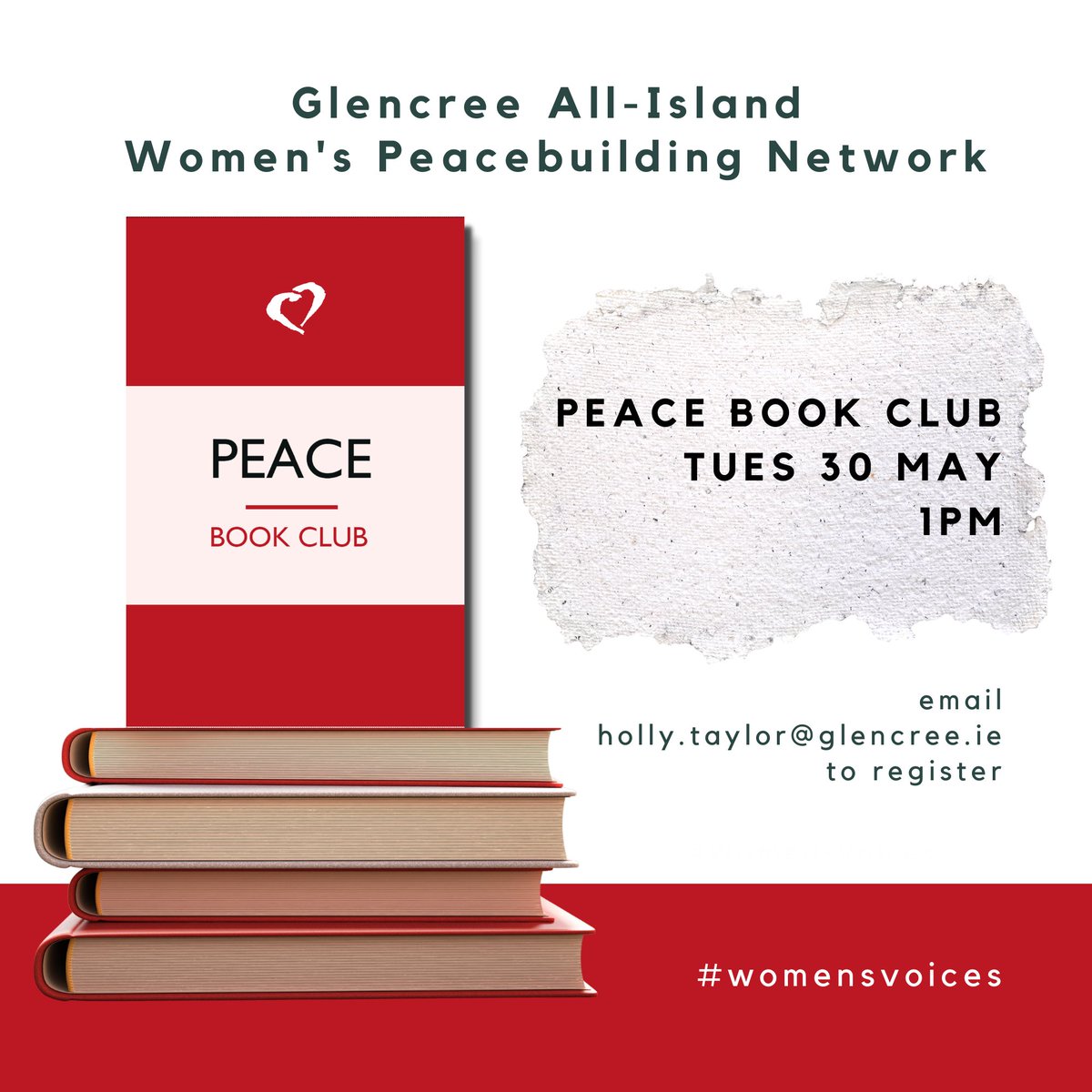 Our All-island Women's Peacebuilding Network & Women's Leadership Programme's Peace Book Club takes place online tomorrow Tues. 30th May @ 1pm. 📖🕊
For more information: glencree.ie/women/womenpea…
To register 👉 holly.taylor@glencree.ie 📚💜
#glencree4peace #womensvoices #books