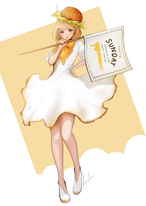 エッグバーガーガール  ←没バージョン →完成系  #イラスト