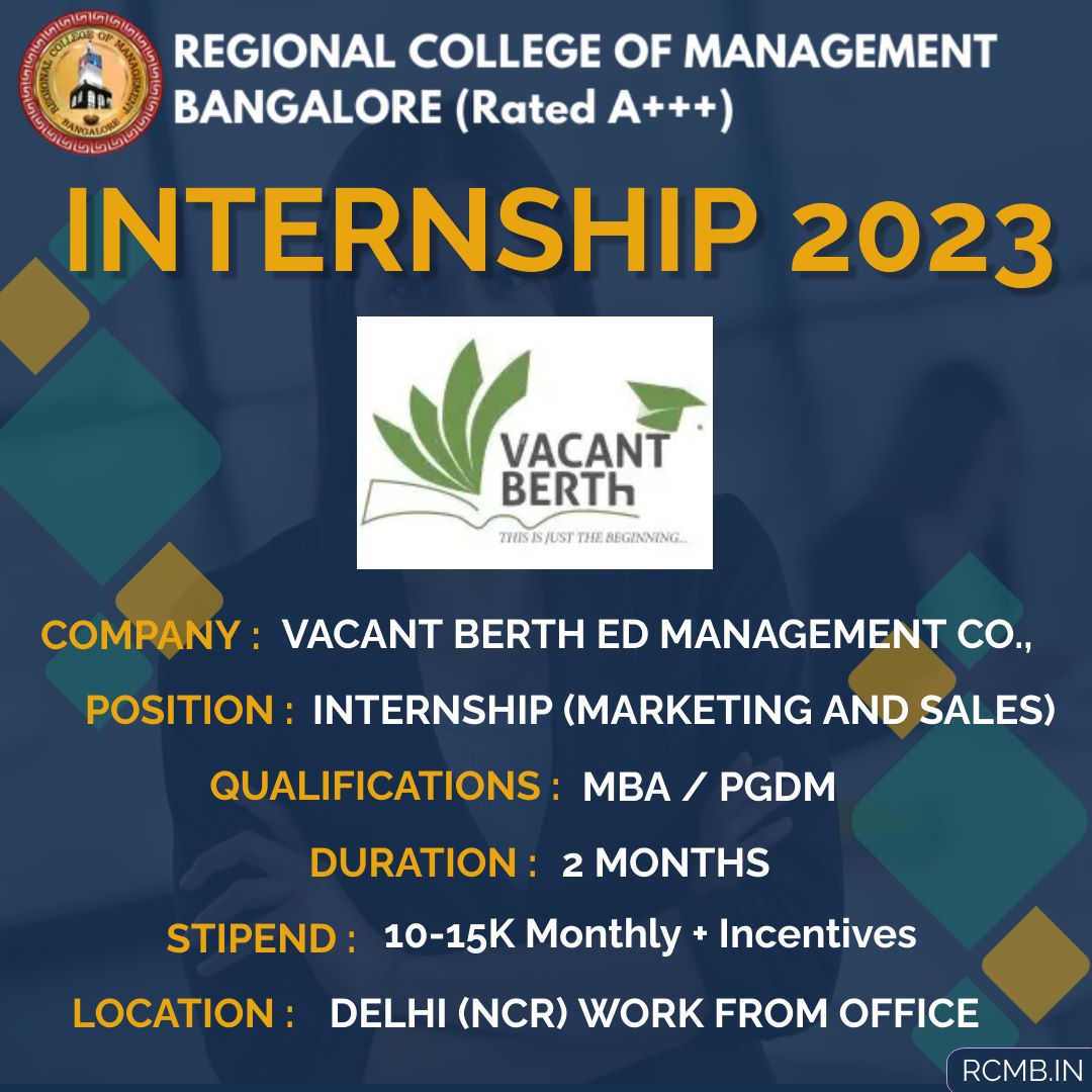 Great #intership opportunity in VACANT BERTH for our RCM Bangalore students!
.
#rcmbangalore #rcmb #bangalore  #mbalife #PGDM #MBAadmission #students #mbacollege #BestManagementCollege #MBA #corporate #Graduates #MBAJobs #student
