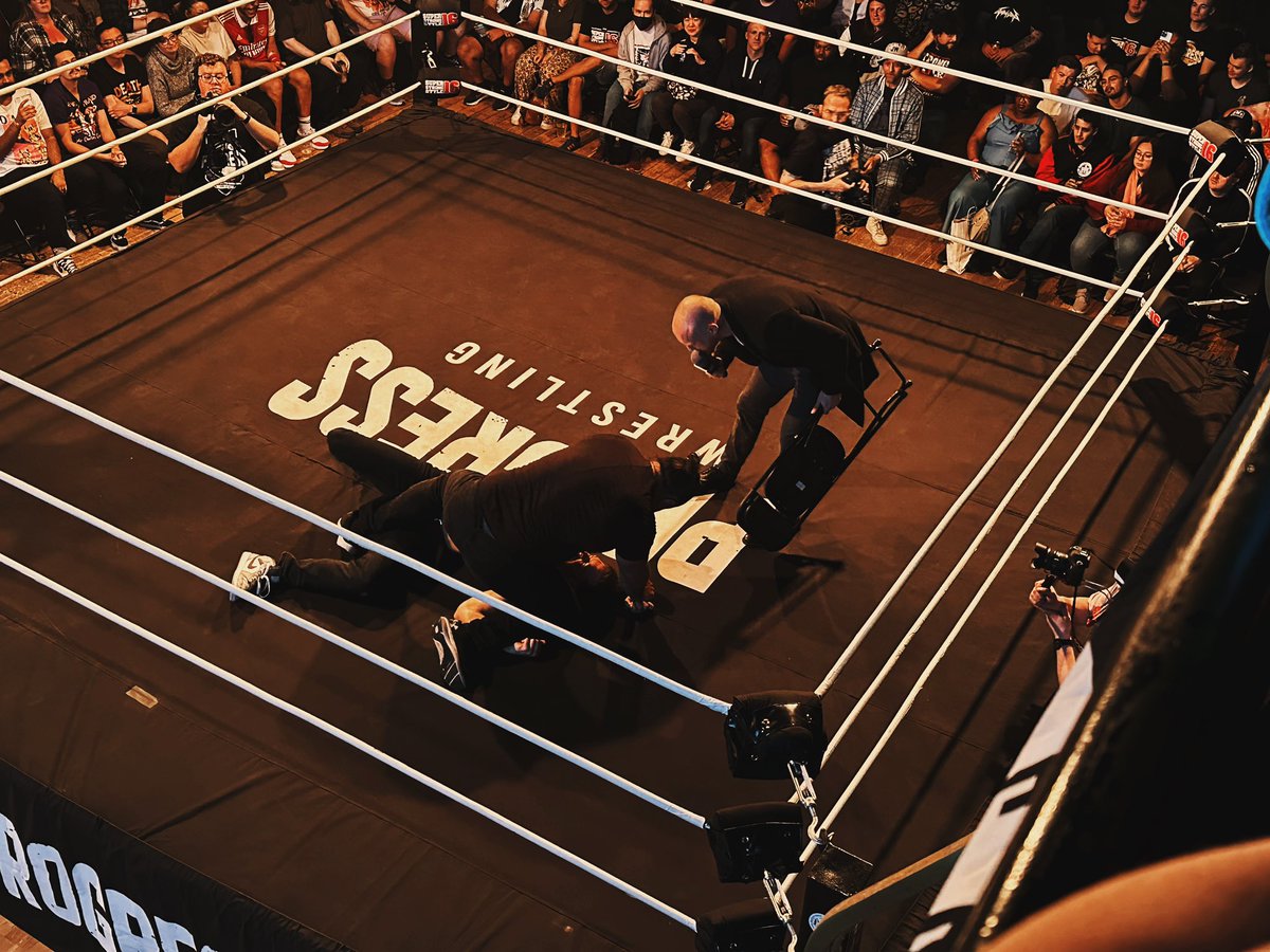 Elliottt93's tweet image. After the events of Day 1, #ConnorMills was invited to address the PROGRESS fans. #SpikeTrivet and @BullitBenno arrived to cut that short and aimed to teach Mills a lesson.

After a bit of miscommunication, Mills was able to drop Spike yet again for the second night in a row!