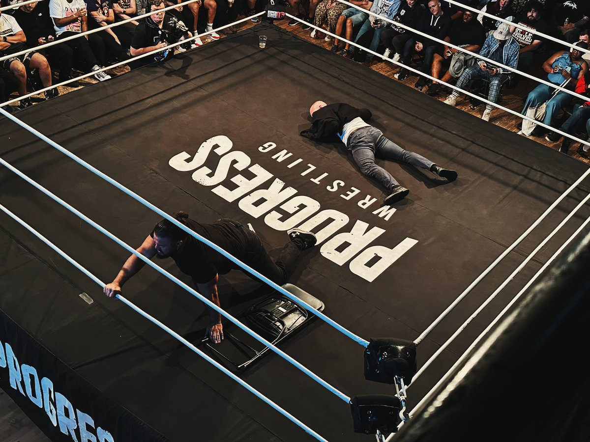 Elliottt93's tweet image. After the events of Day 1, #ConnorMills was invited to address the PROGRESS fans. #SpikeTrivet and @BullitBenno arrived to cut that short and aimed to teach Mills a lesson.

After a bit of miscommunication, Mills was able to drop Spike yet again for the second night in a row!