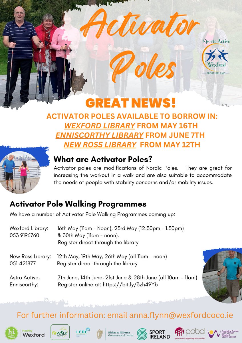 SportActiveWex's tweet image. Reminder!

Activator Pole walking programme in Astro Active Enniscorthy commencing 7th June. 

Great for people with mobility issues or just to give your walking an added boost!

You can sign up online at: bit.ly/3zh49Yb

#ActivatorPole #EnniscorthyWalkers #ActiveWexford
