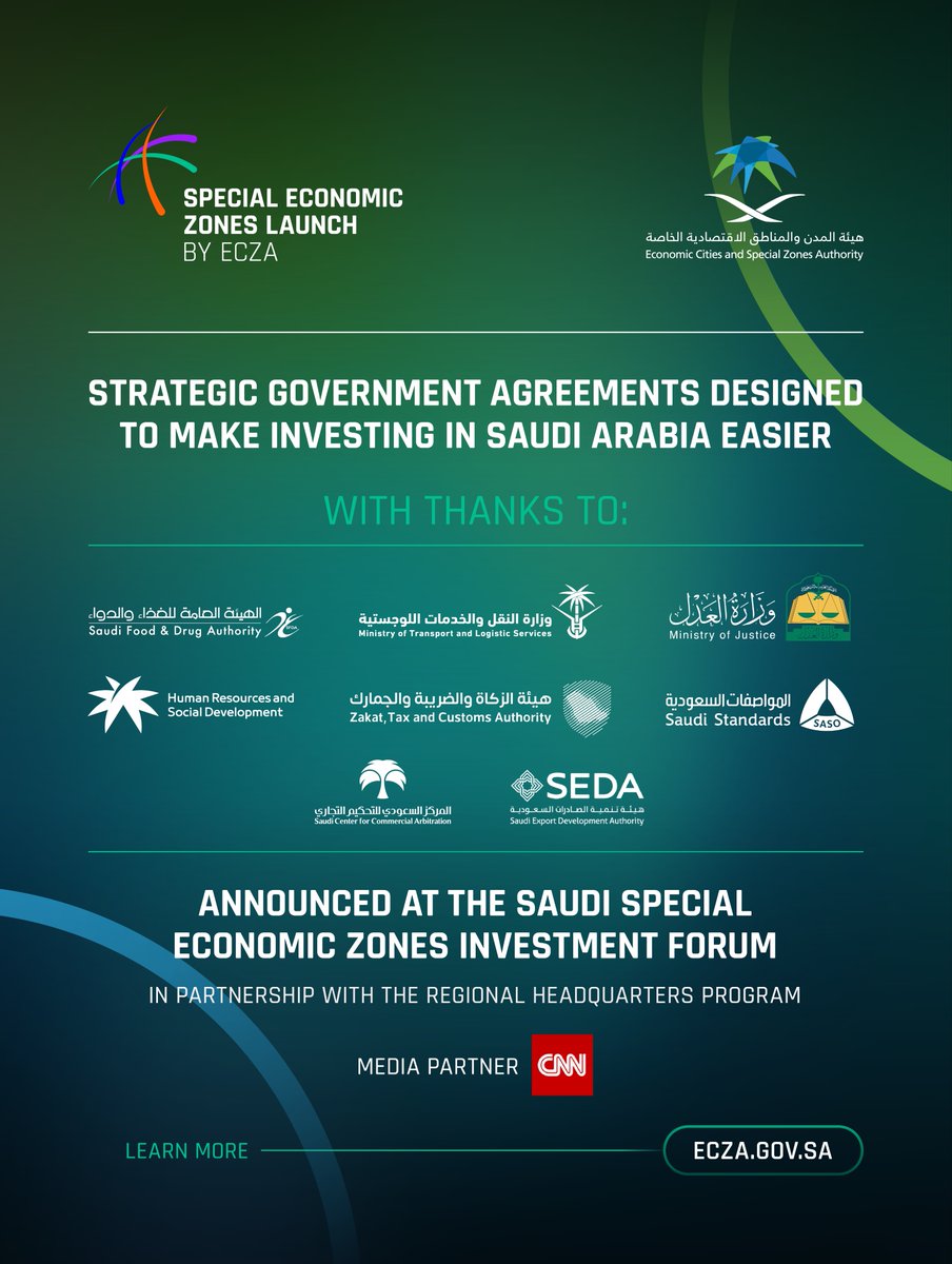 eczagov's tweet photo. #ECZA’s 8 new strategic government agreements have been designed to enable investments through government partnerships.

With the support of our partners, investing in #KSA's 4 new #SEZs has never been easier.

#SEZInvestmentForum #UniqueGatewaysToGrowth https://t.co/AZDXxBvFs3