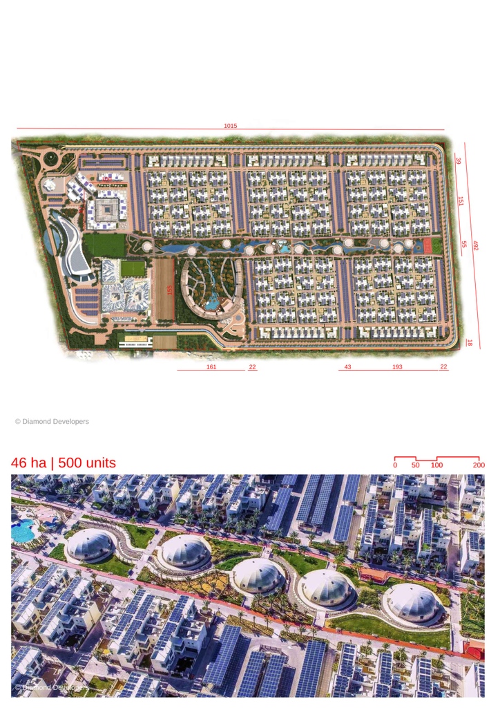 Sustainable City is the first operational net zero energy city in Dubai. A central green spine runs along the entire length & has 11 biodomes where residents can grow their own food. 
Read more:
urbanitarian.com/masterplans_po…
#urbanitarian #urbandesign  #sustainablecity #dubai #netzero
