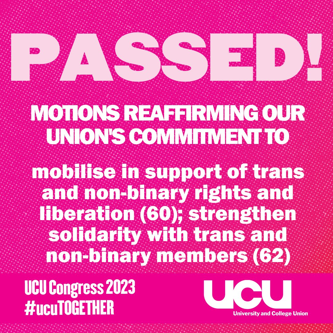 PASSED! Motions 60 and 62 reaffirming our union's commitment to mobilise in support of trans and non-binary rights and liberation; to strengthen solidarity with trans and non-binary members

#ucuTOGETHER

ucu.org.uk/article/12947/…