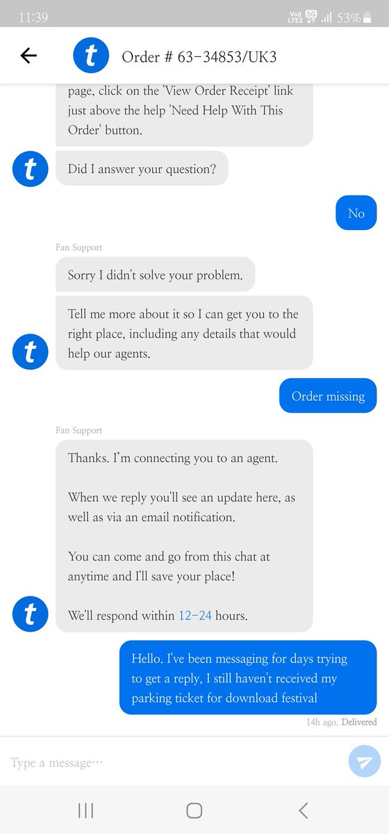 AmbiOo_'s tweet photo. @TicketmasterUK PLEASE HELP!!! I've been trying to speak to someone for over a week now and heard nothing!  It's less than two weeks to download and I haven't recieved my parking ticket. I'm seeing others already have theirs so I'm getting worried! https://t.co/zTzHuKp0IZ