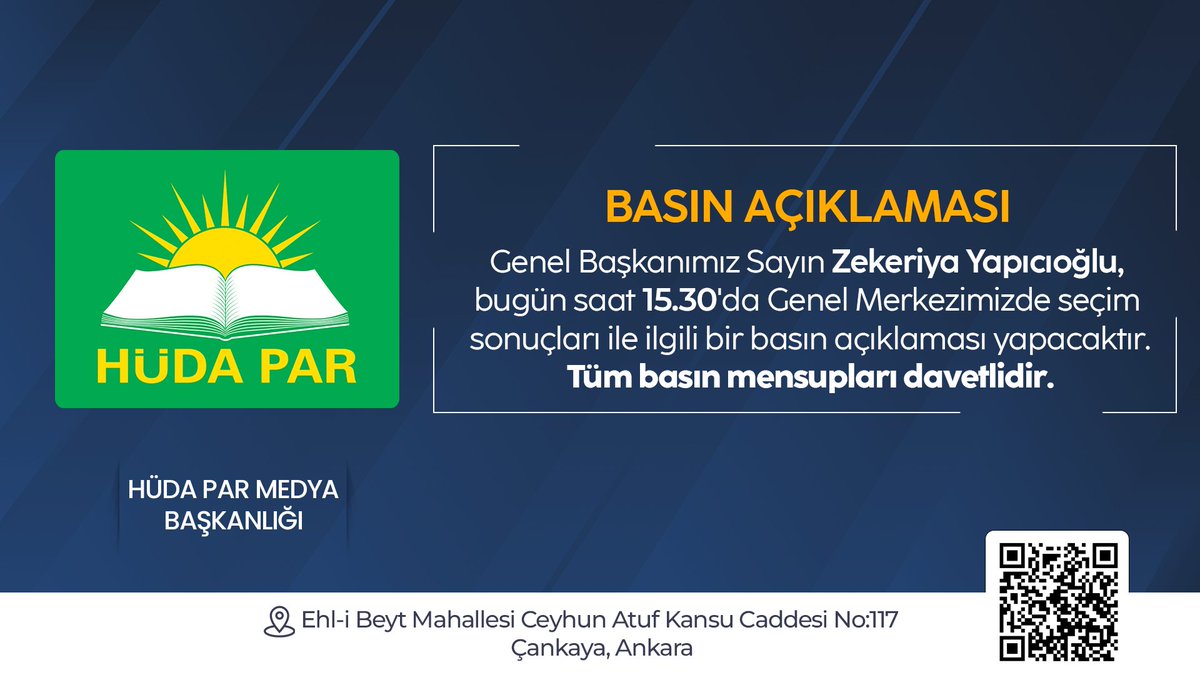 Genel Başkanımız Sayın Zekeriya Yapıcıoğlu (@zyapicioglu), bugün saat 15.30'da Genel Merkezimizde seçim sonuçları ile ilgili bir basın açıklaması yapacaktır. 

📢Tüm basın mensupları davetlidir.
🏁goo.gl/maps/Spf62o2HQ…