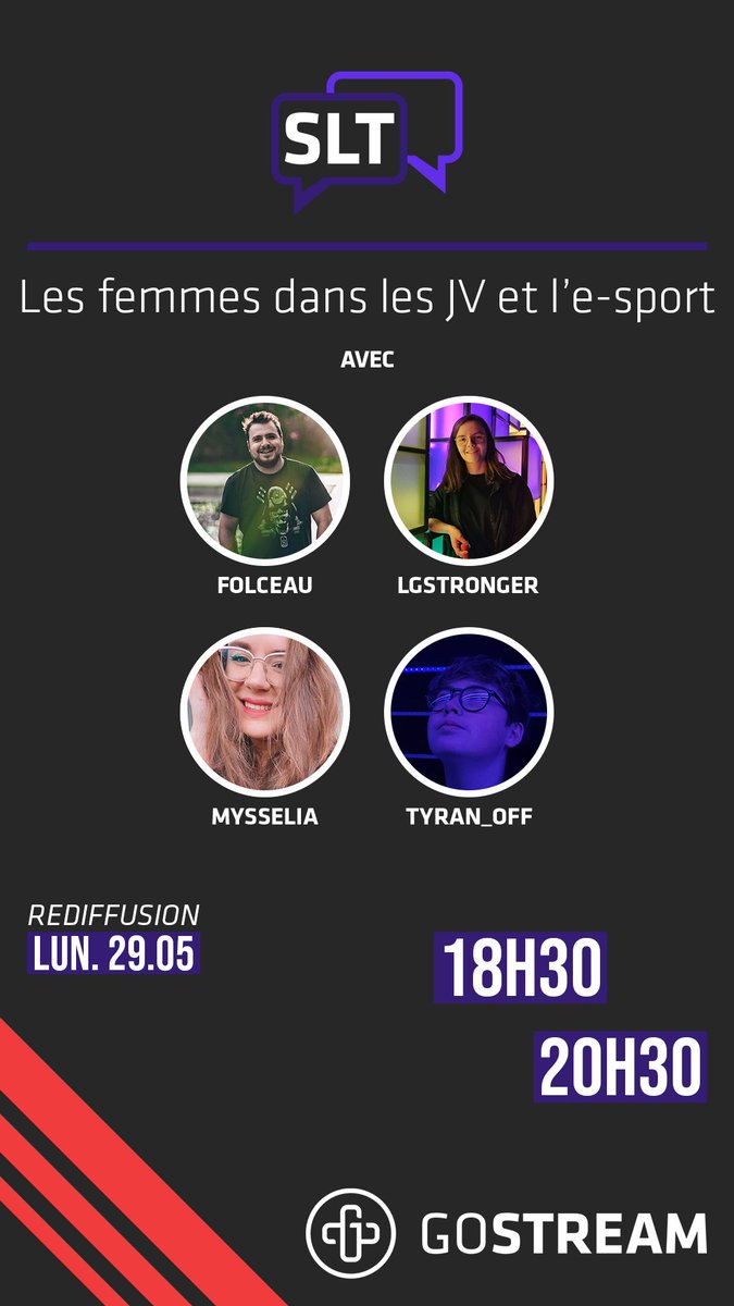 👀 Dans un instant sur GoStream...
📝 Vous n'avez pas pu voir notre dernière édition de #SalutLeTchat ? C'est le moment d'en profiter ! 
🎙️ @Folceau @LGstronger8 @missygeekeuse et @Tyran_off débattent sur les femmes dans les jeux vidéos et l'e-sport.
➡️ twitch.tv/gostreamfr