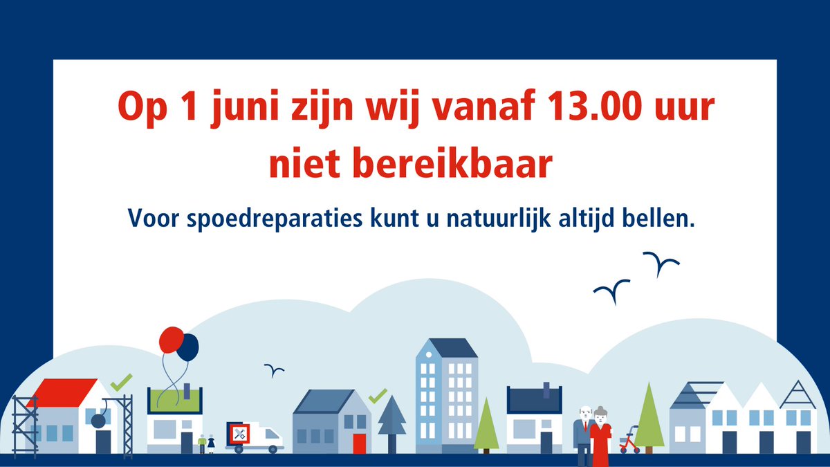 Op donderdag 1 juni kunt u ons bereiken tot 13.00 uur. In de middag zijn we niet aanwezig. Heeft u een spoedreparatie? Dan kunt u na 13.00 uur altijd bellen naar 088 - 496 00 00. U krijgt dan de boodschappendienst aan de lijn.