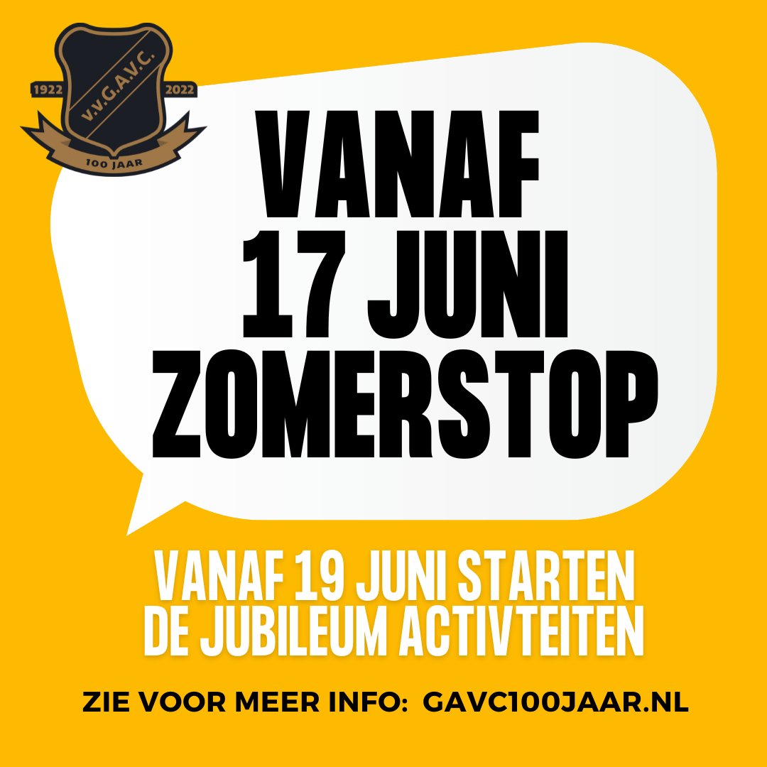 vv_GAVC's tweet image. Vanaf zaterdag 17 juni is het zomerstop bij #GAVC. Er zijn vanaf die datum geen georganiseerde trainingen meer. Vanaf maandag 19 juni starten de jubileum activiteiten bij GAVC. Zie voor meer informatie gavc100jaar.nl