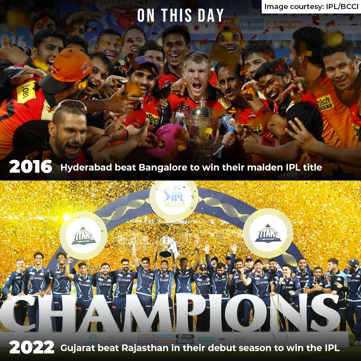 #OnThisDay, #SunrisersHyderabad and #GujaratTitans won the IPL 🏆 in 2016 and 2022, respectively.

#SRH #GT #IPL