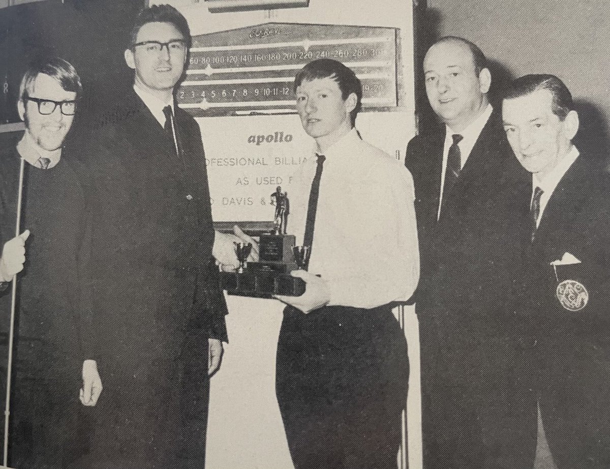davehendon's tweet photo. Clive Everton presents 19 year-old Dennis Taylor with the 1968 British junior billiards championship trophy https://t.co/cBuDOESPMs