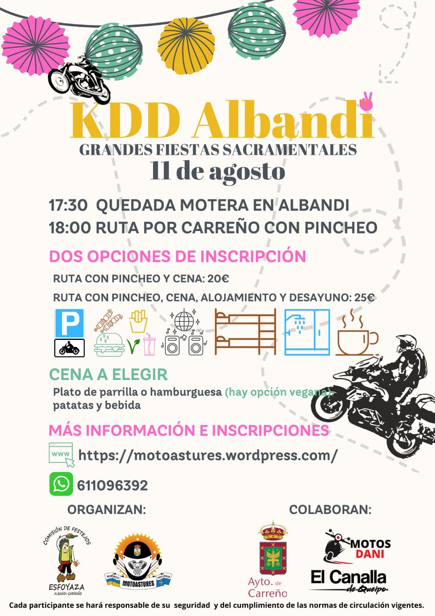 CAlbandi's tweet photo. Hace unas semanas os dejábamos caer algo de lo que habría en las fiestas de este año y esto es una de ellas. Tendremos una quedada motera el viernes 11! Organizada en conjunto con @motoastures 
#comision #festejos #esfoyaza #albandi #carreño #Asturias #quedadamotera #motos #KDD https://t.co/0f5hnJJUDL