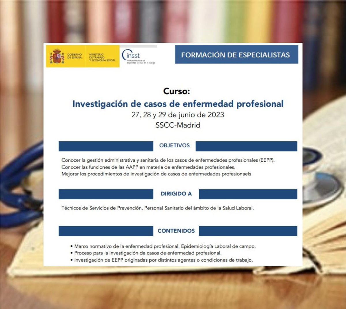 INSST_MITES_GOB's tweet photo. ‼️  Abierto el plazo de inscripción para el curso: “Investigación de casos de enfermedad profesional” en el que ampliarás información sobre la gestión e investigación de los casos de enfermedades profesionales.

¡No te lo pierdas! 👉 https://t.co/axbN0nYB5x

#INSST

#SST https://t.co/T4waBxVkog