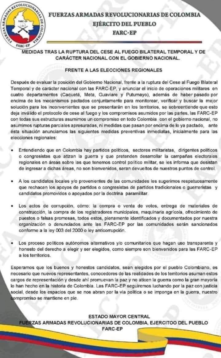 lunadavid's tweet photo. Nuevamente el criminal de “Iván Mordisco” amenazando la democracia y a los candidatos locales. Están atentando contra nuestra libertad de elegir de la mano del silencio c��mplice del @mindefensa. Regresando al pasado mientras nuestra Fuerza Pública sigue con las “manos amarradas”. https://t.co/KV2KceeTK0