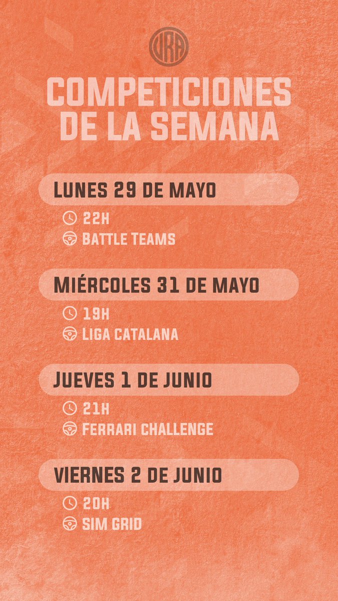 🤯Otra semana de infarto para el equipo #RambootVRA

- Esta noche a las 22h, Battle Teams de <a href="/AERO_esp/">AERO</a> 
- Miércoles a las 19h, <a href="/Lligaesportscat/">Lliga Catalana d'eSports</a> 
- Jueves a las 21h, Ferrari Challenge 
- Viernes a las 20h, Sim Grid

¡Vamos a por todas!💥

#simracing