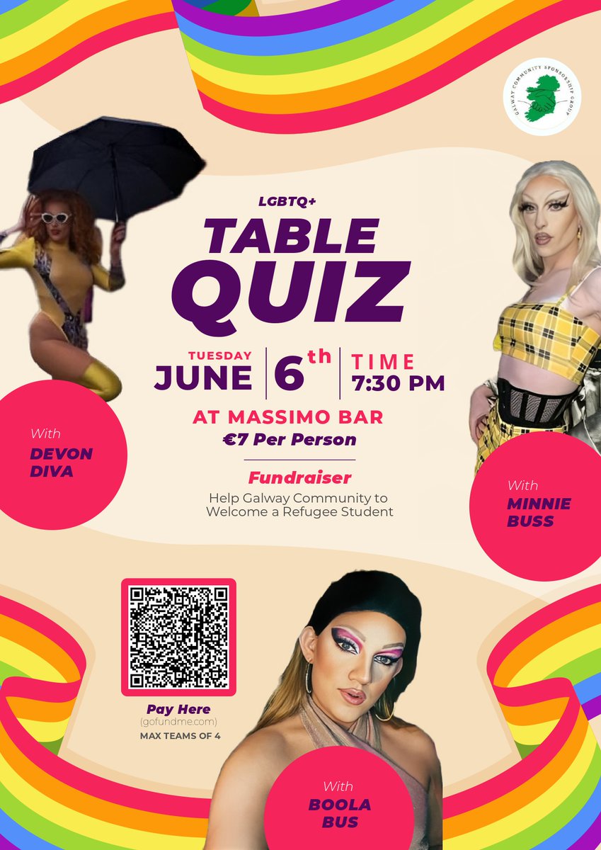 Celebrate the beginning of Pride Month with us in
<a href="/massimogalway/">Massimo Bar</a>
! To buy a ticket make a minimum donation of €7 to the GoFund me (link in our bio) with "your name + quiz". If you don't have a team, come along anyway! You can find your team there and meet new people ♥️