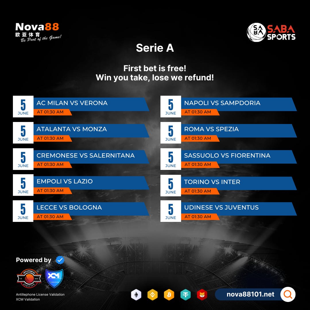 nova88_malaysia's tweet image. 🇮🇹 Serie A 🇮🇹 

Nova88 Match Predictions as follows:
✅AC Milan
✅Atalanta
✅Salernitana
✅Lazio
✅Bologna
✅Napoli
✅Roma
✅Fiorentina
✅Inter
✅Juventus

Support your favourite teams 👉 cli.re/n88mytw

#SerieA | #Nova88 | #Week38