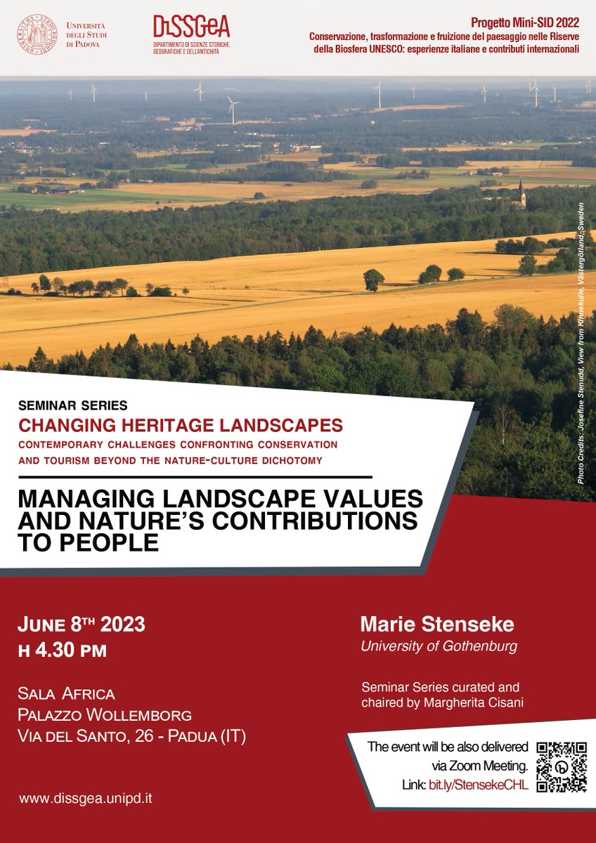 The third seminar of the Changing Heritage Landscape series is approaching! Thrilled to have <a href="/MarieStenseke/">Marie Stenseke</a> speaking about #landscapevalues and #nature's contributions to people <a href="/DiSSGeA_UniPD/">DiSSGeA UNIPD</a>  on June 8th (also online!)
more at: dissgea.unipd.it/changing-herit…