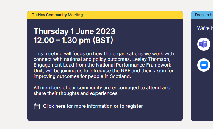 outnavchat's tweet photo. We're delighted that Lesley Thomson will be joining us at our Community Meeting this Thursday, to talk about the National Performance Framework. All members of our community are encouraged to attend and share their thoughts and experiences.
Log into #OutNav to register! https://t.co/geaCqgn4UJ