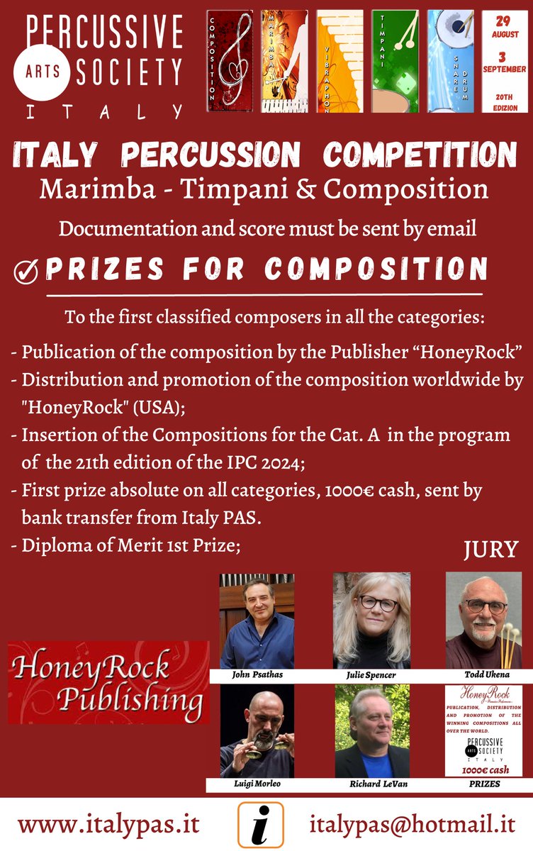 Italy PAS is pleased to announce that HoneyRock Publishing will support the COMPOSITION competition. Registration deadline: 7 July - info: italypas.it. Documentation and score must be sent by mail to italypas@hotmail.it by 1st AUGUST with Wetransfer  the full score.
