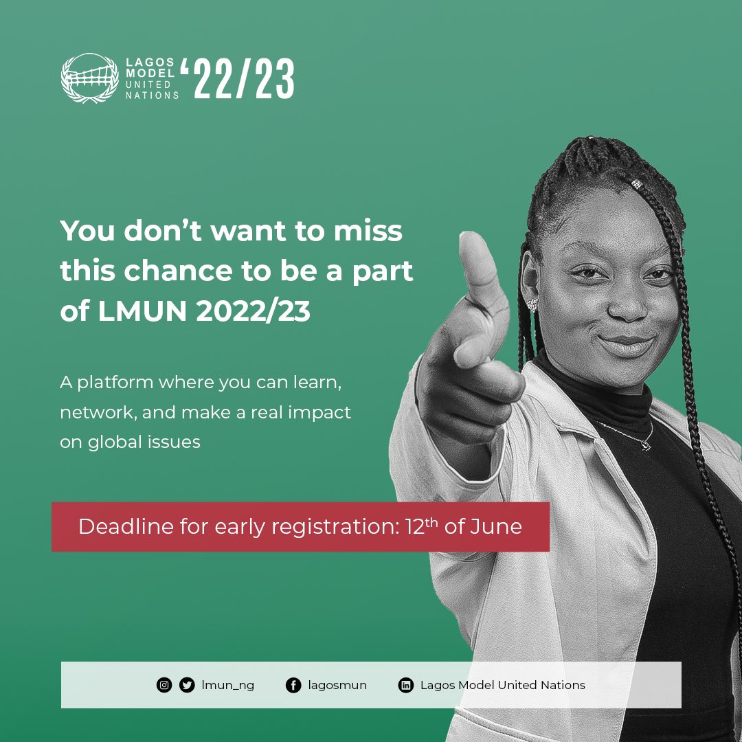 lmun_ng's tweet photo. Are you ready for the Seventh Session?

Early Registration ends on the 12th of June so hurry to the link below to reserve your spot at this year’s conference🥳

https://t.co/nEP9Viadms
.
.
.
#lmun22/23
#sdgspace 
#youthleadership 
#lagosyouth 
#unilag
 #modelun https://t.co/67kBeoPmIG