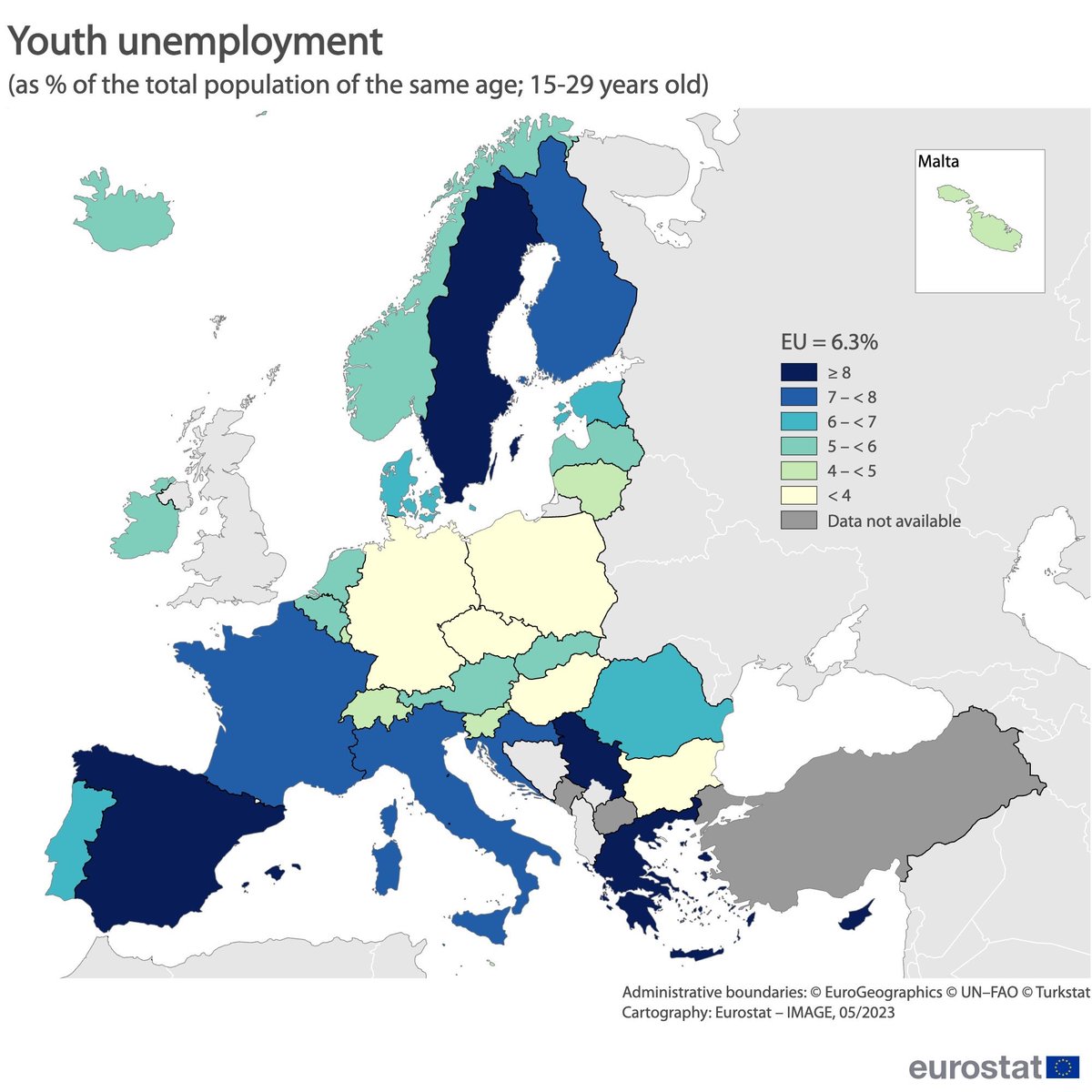 geoestratego's tweet photo. Datos de #desempleo juvenil en Europa, según Eurostat.
En 2022, 4,48 millones de jóvenes, de entre 15 y 29 años, estaban sin empleo en la Unión Europea, el 6,3% del total de la población de esa edad.
Los porcentajes más bajos en República Checa (2%), Alemania (3,3%) y Bulgaria (3,3%).
Los más elevados en España (11,2%), Grecia (10,6) y Suecia (10,3%).
Datos dignos de estudio, siendo especialmente llamativo:
- La buena situación, en general, en los países del centro y Este de Europa
- El alto porcentaje de desempleo en Suecia
Sin duda, un verdadero drama para algunos países.
