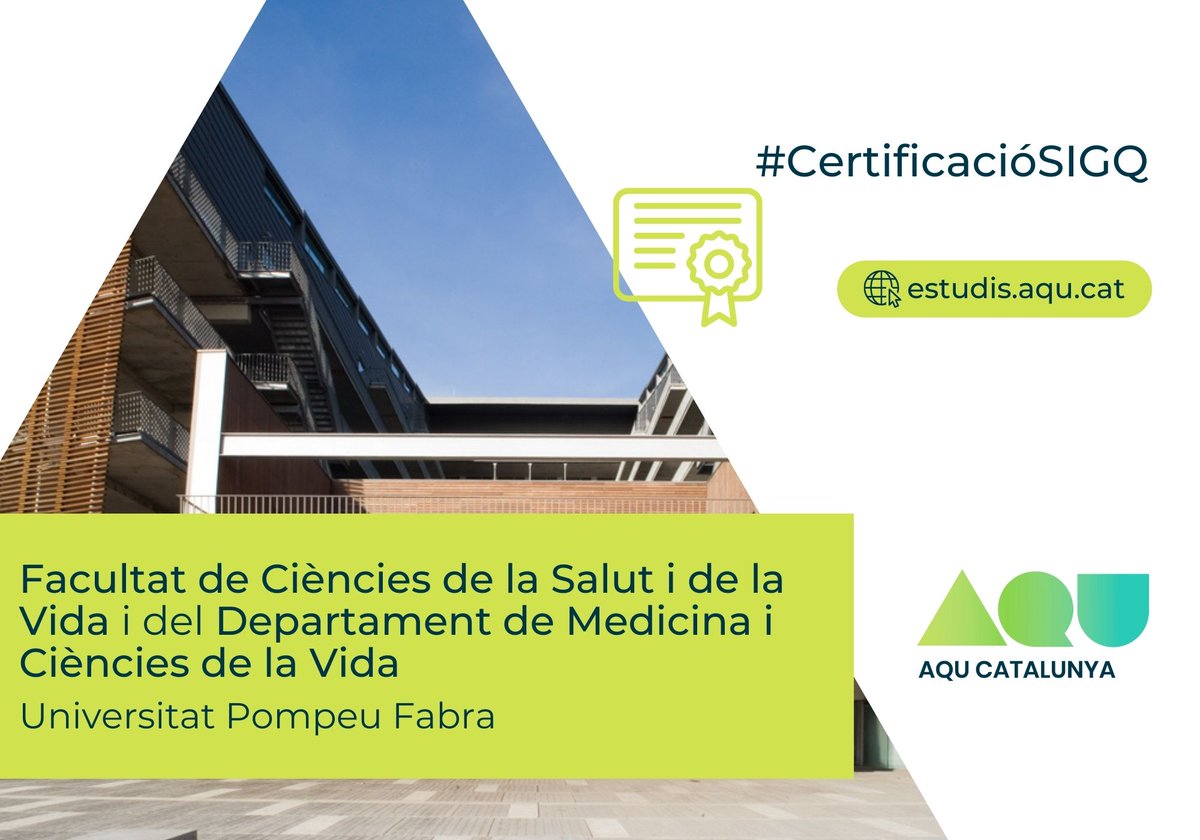 aqucatalunya's tweet photo. ✅ Certifiquem els #SIGQ de la Facultat de Ciències de la Salut i de la Vida i del Dpt. de Medicina i Ciències de la Vida de la @UPFBarcelona👉https://t.co/QVcHsouZdU
Enhorabona @UPFbiomed i @UPFBarcelona!
Per a + info sobre la qualitat dels estudis 👉 https://t.co/8LqYUg3zXw https://t.co/DziTPeZzFo