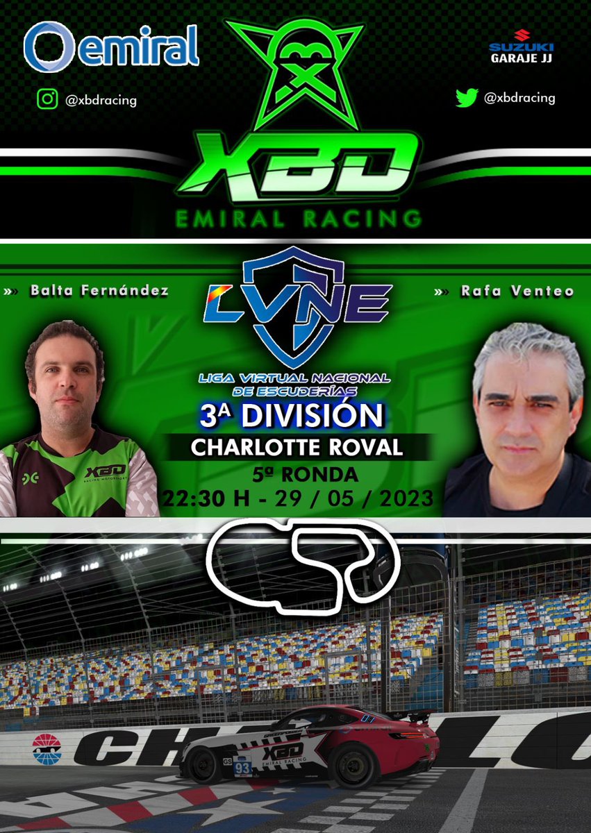 Hoy volvemos a pista en la 5ª prueba de la mano de la #LVNE

Es el turno de dos grandes! 
<a href="/XbdBalta1987/">BALTA FERNÁNDEZ</a> 
<a href="/rahventt/">Rhafitta</a> 

📍Charlotte
🚗 GT4
⏰22:30
🎥 twitch.tv/advncesic