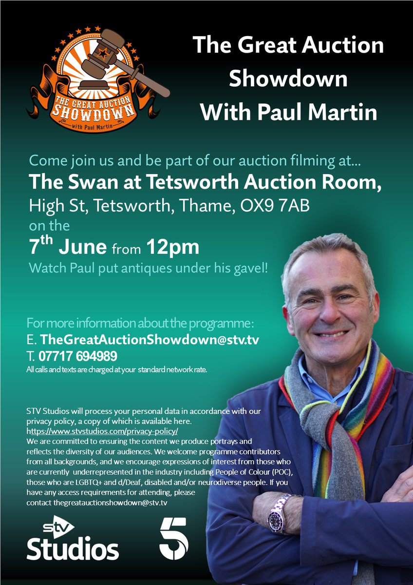 Come along to @SwanAtTetsworth on the 7th June from 12:00pm and see how Paul's items get on at auction! Simply turn up on the day. For more information you can get in touch with the team. E. TheGreatAuctionShowdown@stv.tv T. 07717 694989