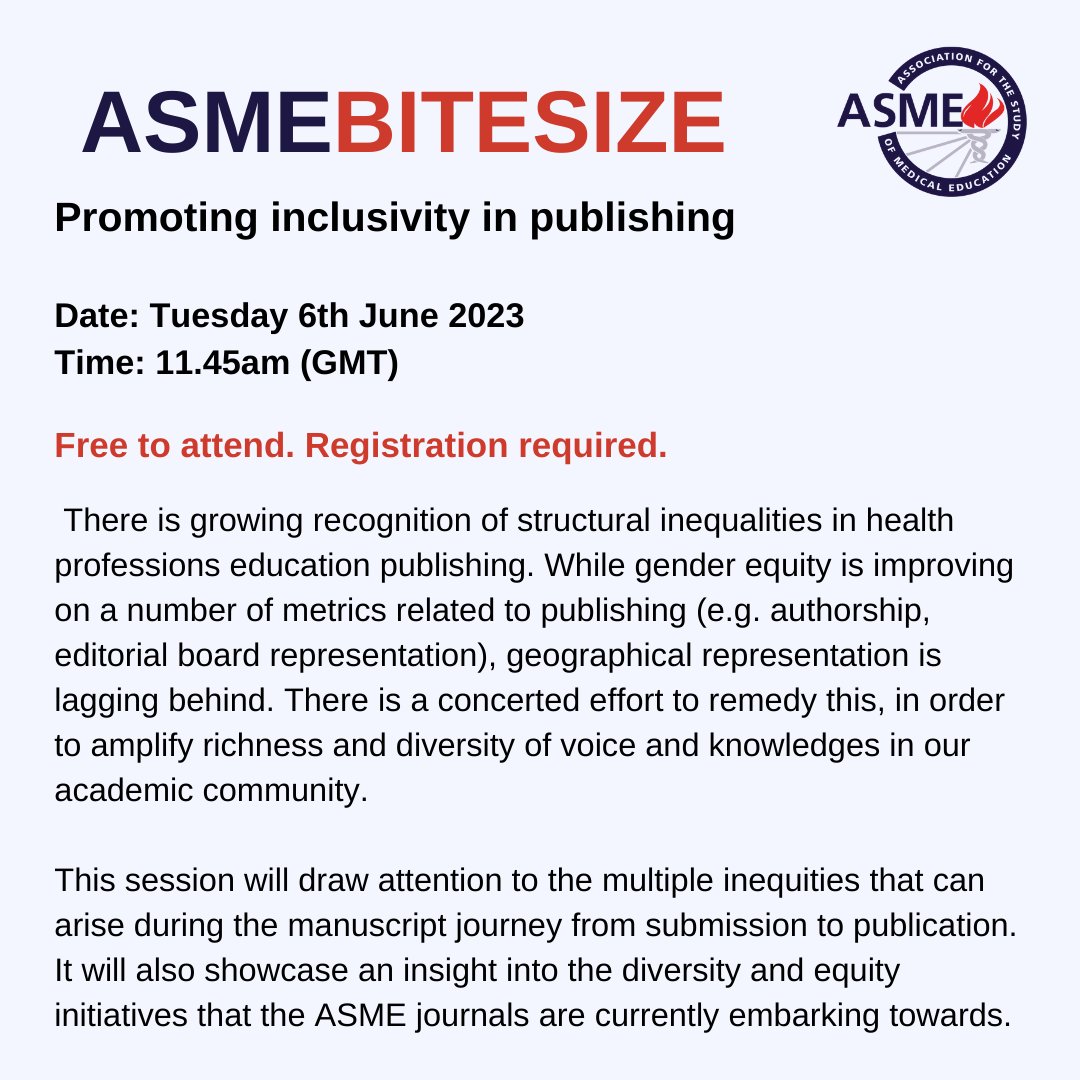 Upcoming ASME Bitesize❗

Session chair <a href="/Megan_EL_Brown/">Megan Brown</a> 
Session presenters @r_ajjawi <a href="/RiyaEGeorge/">Dr Riya E. George</a> 

#MedEd #MedTwitter