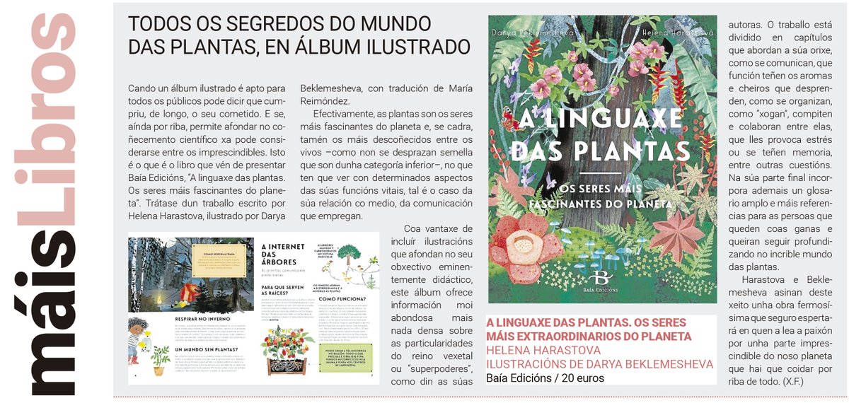 Moitas grazas <a href="/idealgallego/">El Ideal Gallego</a> pola recesión publicada no Suplemento Dominical La Galería sobre a última obra traducida por <a href="/reimondez/">a María Reimóndez</a>, A LINGUAXE DAS PLANTAS.
📚🌱☘️🍃
Autoría: #HelenaHaraštová
Ilustración: #DaryaBeklemesheva
Tradución: #MaríaReimóndez
#Alinguaxedasplantas