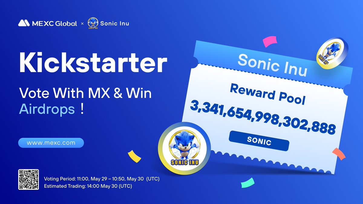 The <a href="/SonicInuBSC/">Sonic Inu</a> Kickstarter is coming to @MEXC_Global!

🗳️Vote with $MX to support the $SONIC listing and sharing 3,341,654,998,302,888 $SONIC airdrops 
⏰Voting period: 11:00 May 29 - 10:50 May 30 (UTC)
📈Trading: 14:00 May 30 (UTC)

Details: shorturl.at/cisK9