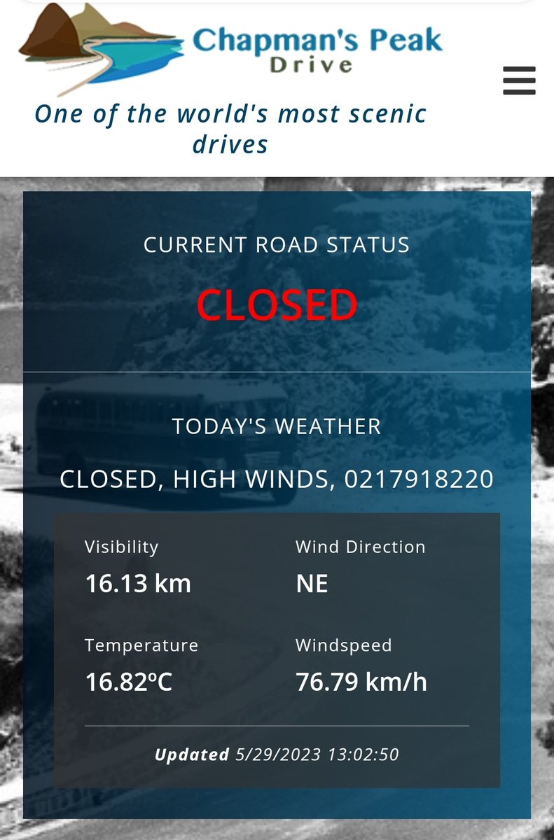 CLOSED
Due to high risk weather for your safety. Please use alternative routes.

Follow us or check our website for updates.

chapmanspeakdrive.co.za
#chapmanspeak #chappies #chapmanspeakdrive #houtbay #DiscoverHoutBay #capetown #lovecapetown #southafrica #shotleft #discoverctwc