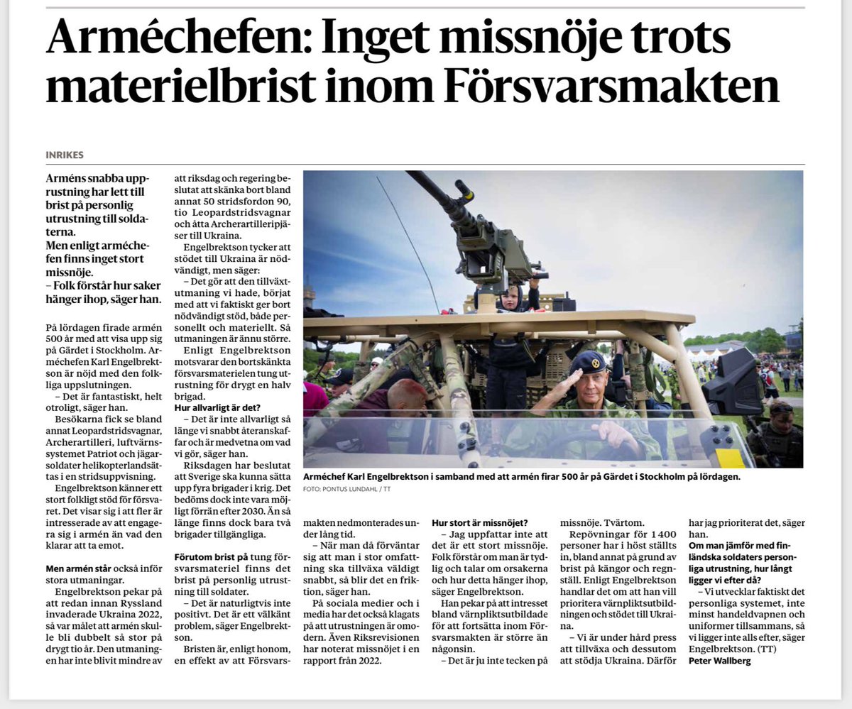 Jag har tagit del av artikeln och arméchefens kommentar om att det inte skulle råda ett större missnöje ute i FM kring materielbristen. Med respekt för att detta inte kanske var tänkt att vara huvudbeskedet AC tänkte berätta ser jag ändå stora problem med denna kommunikation