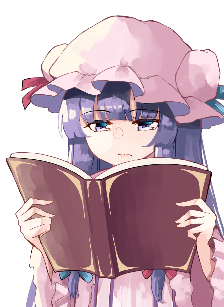 patchouli knowledge 1girl solo hat book purple hair mob cap long hair  illustration images