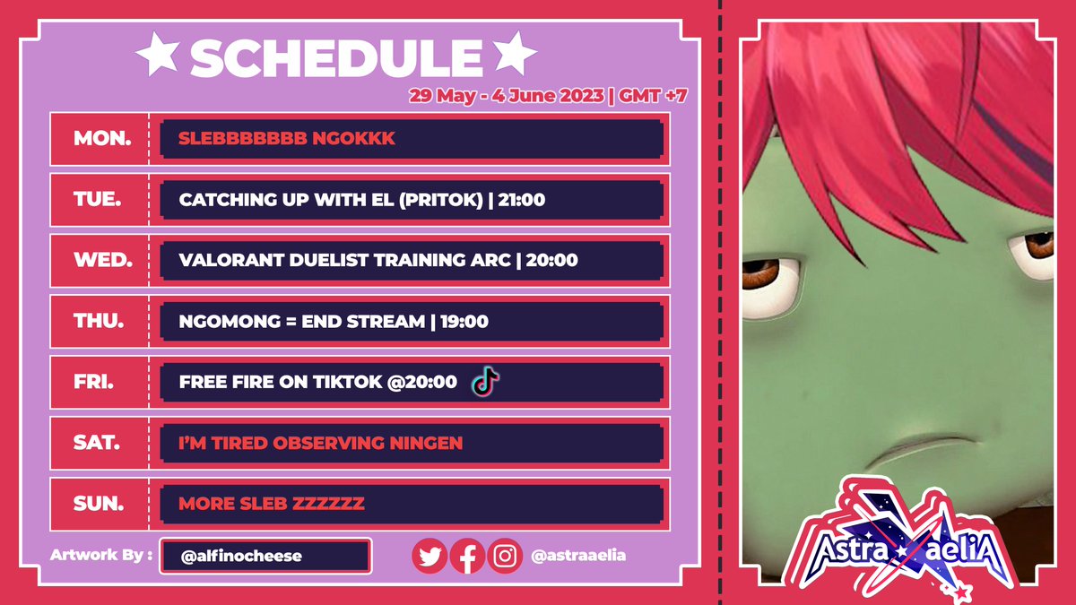 AstraAelia's tweet photo. 【WEEKLY SCHEDULE】

📅 29 May - 4 June 2023📅

HASHTAG
🔭General • #AstraAelia
🔭Live • #AeliaLive 
🔭Clips • #AeClips 
🔭Fanart • #Astrasketch
🔭Memes • #Aelaheuheu
🔭Fanname • #Aelien https://t.co/1ZR7Jv4vAd