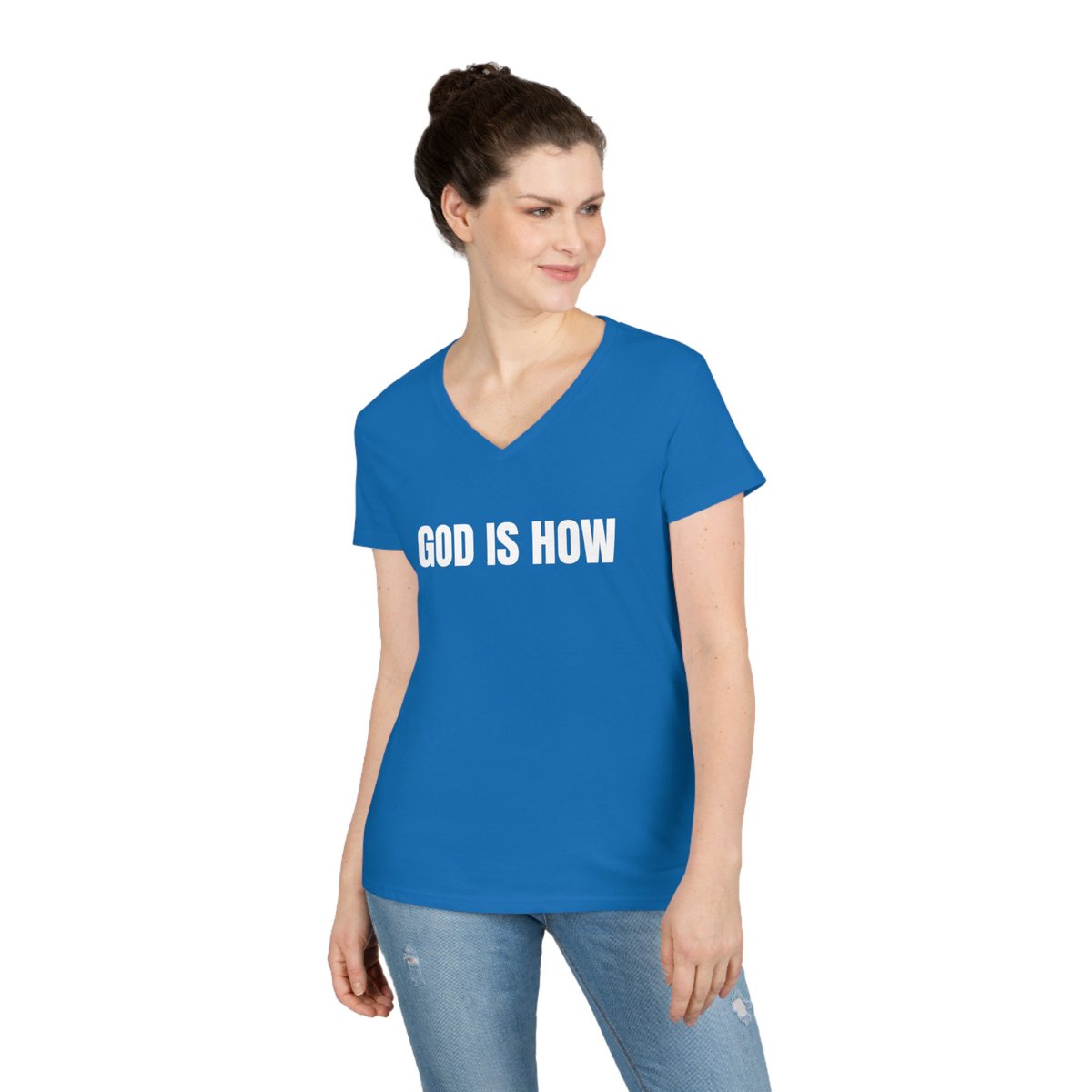 Excited to share the latest addition to my #etsy shop: The 'God is How' Ladies' V-Neck T-Shirt: Empowering Faith in Action! etsy.me/3oFbONx #solid #vneck #godishow #faithinaction #empowersspirit #divineinspiration #spiritualjourney #inspirationaltee #faithfulli