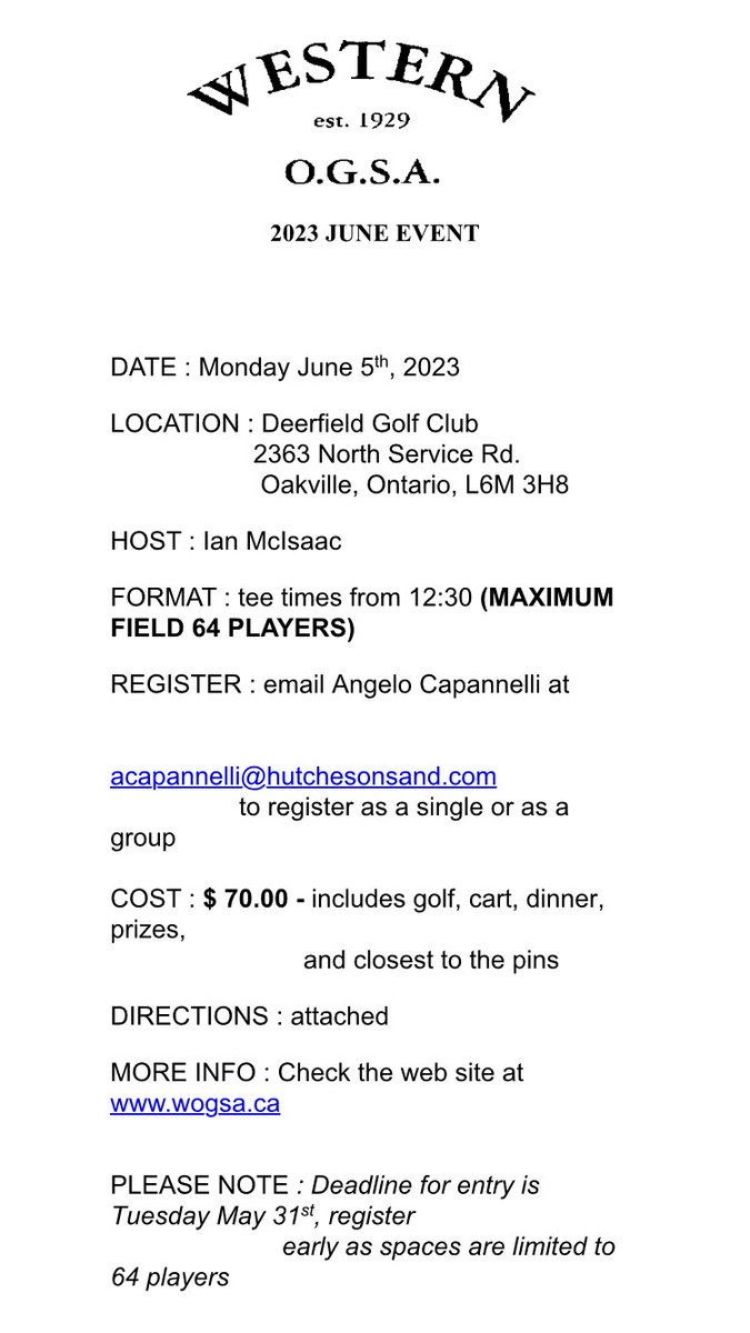 REMINDER our first event of 2023 will be one week from today-June 5 at Deerfield. Tee times start at 12:30 and there are 4 times remaining. Register today.