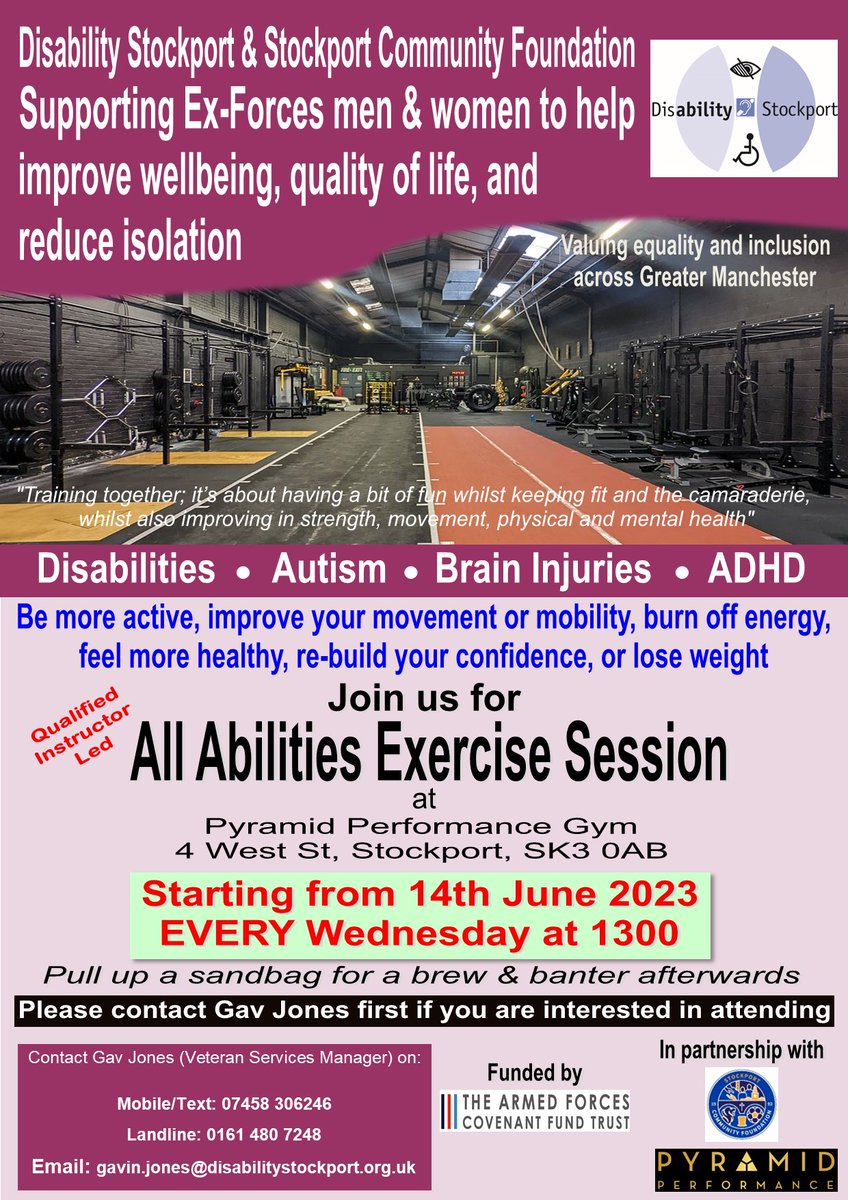 As part of our continued Active ex-forces programme due to being funded by the @CovenantTrust for a further 12 months. We are starting our weekly All abilities exercise sessions on 14th Jun, in partnership with @SK_CommunityF @FiMTrust @Cobseo @GM_ICP @MVS_GM @JohnnyMercerUK