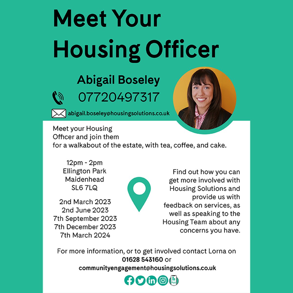 Calling all Housing Solutions residents of Ellington Park, Maidenhead - Abigail, your Housing Officer will be at the estate from 12pm - 2pm on 2nd June. Join her to for a walkabout, ask your questions, tea, coffee, and more!
#housingassociation #ourHS #maidenhead