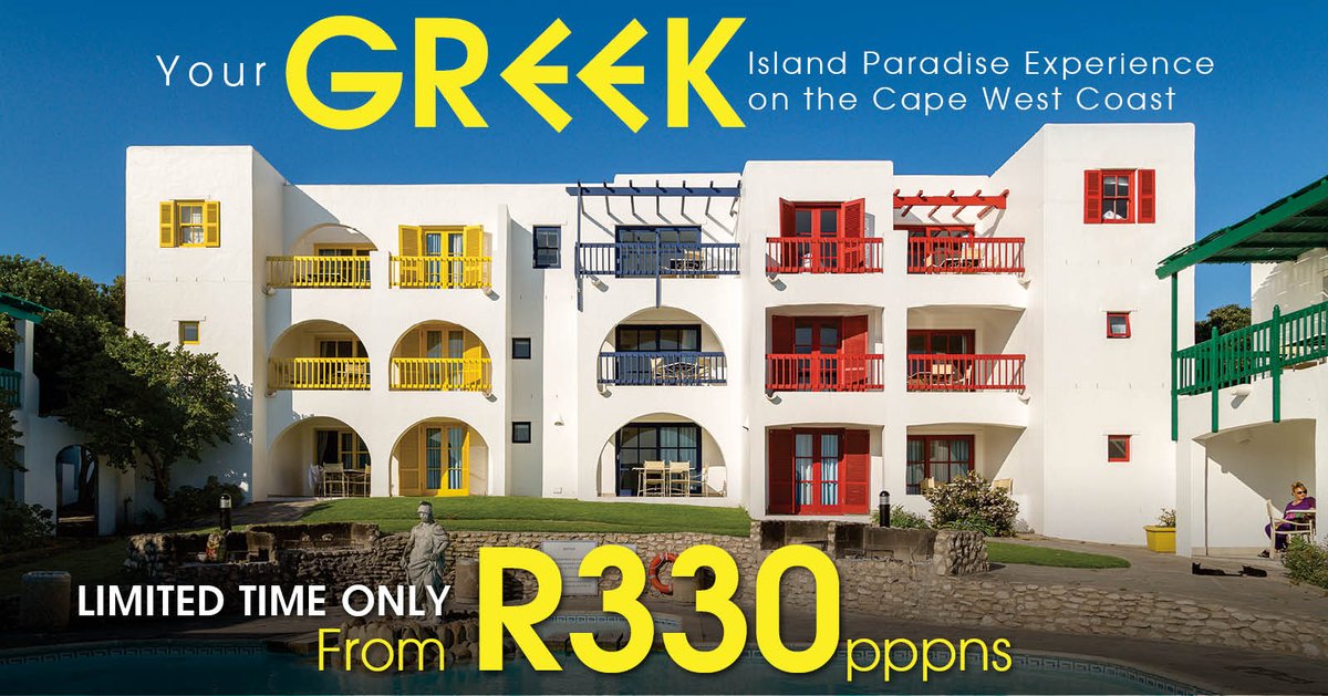 Get your 2023 Greek holidays from R330pppns* @ #ClubMykonos, on the charming #CapeWestCoast. Book direct with #FirstGroup before 30 June to get this guaranteed lowest rate. Limited space!

Call 0317177660 OR WhatsApp on bit.ly/FGWA4 OR book - bit.ly/FGMBook