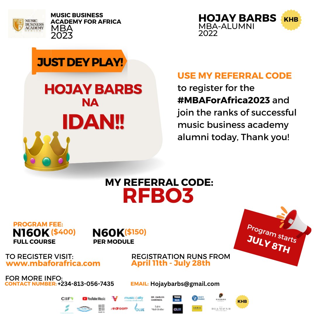 hojay_barbs's tweet photo. USE THE IDAN CODE “RFBO3” 

Do you know that the @mbaforafrica offers a unique opportunity to learn from someone who has walked the path you desire. As a renowned A&amp;R and music executive, l've navigated the complexities of artist management, &amp; marketing strategies. Cc @GodwinTom https://t.co/W0kAiKDTYD