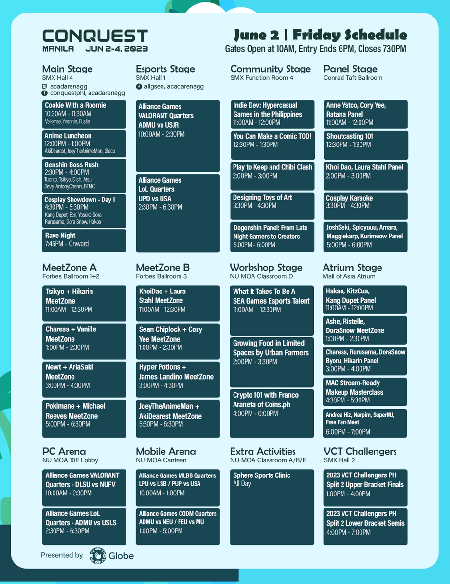 CONQuestPHL's tweet photo. The #CONQuest2023 schedule is jam-packed -- featuring 12+ stages of content all-day for three days straight!

Whether you're a Genshin or VALORANT fan, a mechanical keyboard builder, an avid cosplayer, or even a fishing enthusiast, there's something for everyone at Sky Islands this June 2-4. 

Plan out your weekend with these handy infographics.

Can't attend? We're also streaming on our official channels!

#SeeYouInTheSkies ☁️