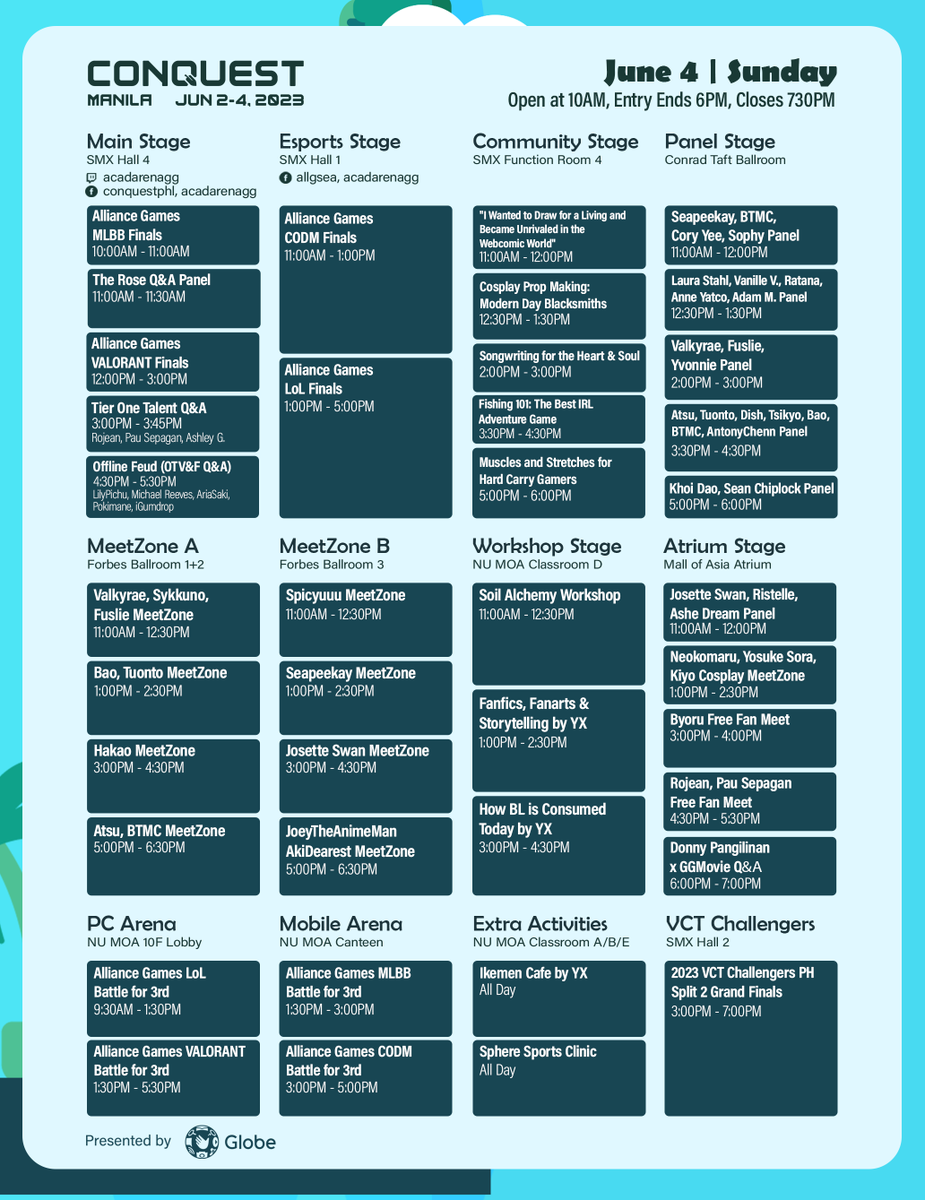 CONQuestPHL's tweet photo. The #CONQuest2023 schedule is jam-packed -- featuring 12+ stages of content all-day for three days straight!

Whether you're a Genshin or VALORANT fan, a mechanical keyboard builder, an avid cosplayer, or even a fishing enthusiast, there's something for everyone at Sky Islands this June 2-4. 

Plan out your weekend with these handy infographics.

Can't attend? We're also streaming on our official channels!

#SeeYouInTheSkies ☁️