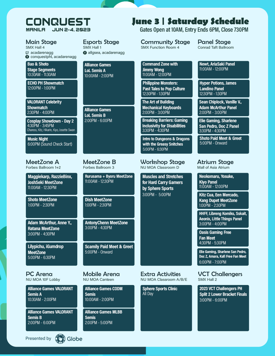 CONQuestPHL's tweet photo. The #CONQuest2023 schedule is jam-packed -- featuring 12+ stages of content all-day for three days straight!

Whether you're a Genshin or VALORANT fan, a mechanical keyboard builder, an avid cosplayer, or even a fishing enthusiast, there's something for everyone at Sky Islands this June 2-4. 

Plan out your weekend with these handy infographics.

Can't attend? We're also streaming on our official channels!

#SeeYouInTheSkies ☁️