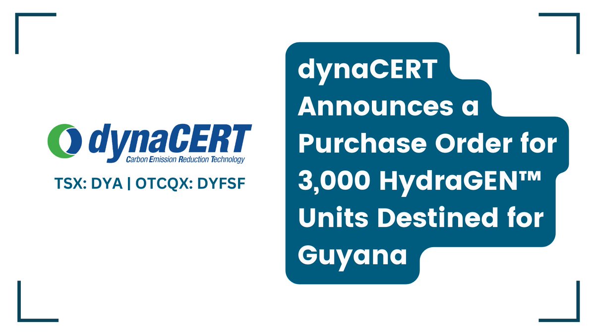 Investornewscom's tweet image. #dynaCERT Announces a Purchase Order for 3,000 #HydraGEN™ Units Destined for #Guyana bit.ly/3C2Xqlc 

#Hydrogen #CarbonCredits #EmissionReduction @dynaCERT $DYA $DYFSF