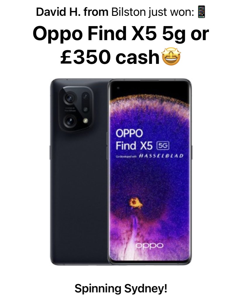 EverUp_UK's tweet photo. 🚨David H. from Bilston just won a 📱Oppo Find X5 5g or 💷 £350 spinning the Sydney wheel using the #everup debit card!
#everupcard #competition #rewards #prize #cash #win #competitionuk #WheelOfFortune #debitcard #games #gaming #winning #gamification #winner https://t.co/feGHjgFMDk