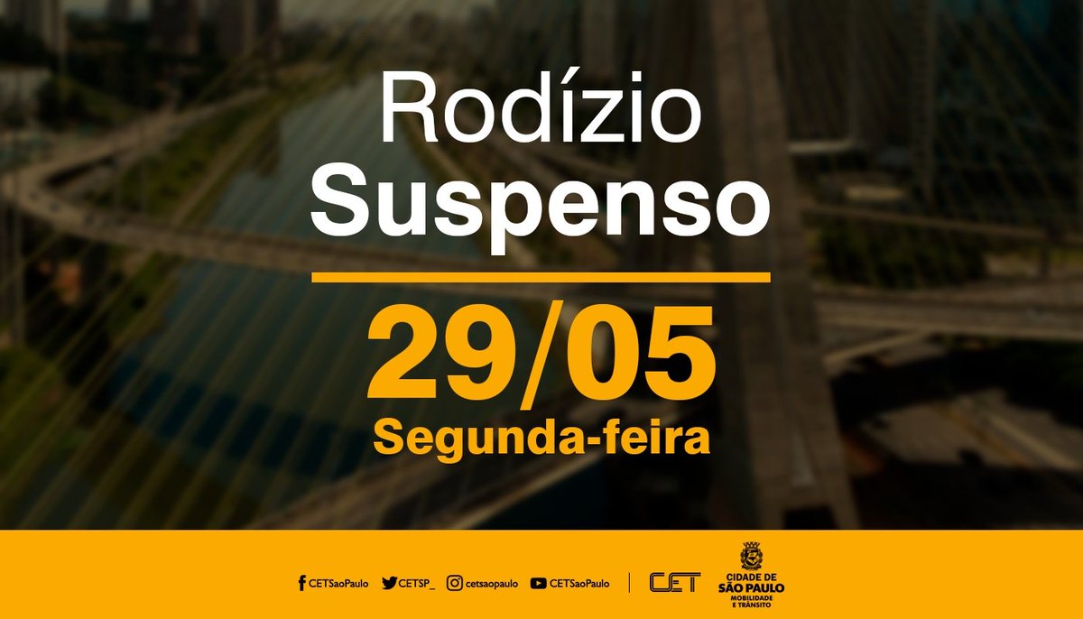 CETSP_'s tweet image. A Prefeitura de São Paulo, por meio da Secretaria Municipal de Mobilidade e Trânsito (SMT) e da Companhia de Engenharia de Tráfego (CET) informa que o rodízio municipal de veículos está suspendo no dia de hoje. Veículos com placas finais 1 e 2 podem circular normalmente. Os…